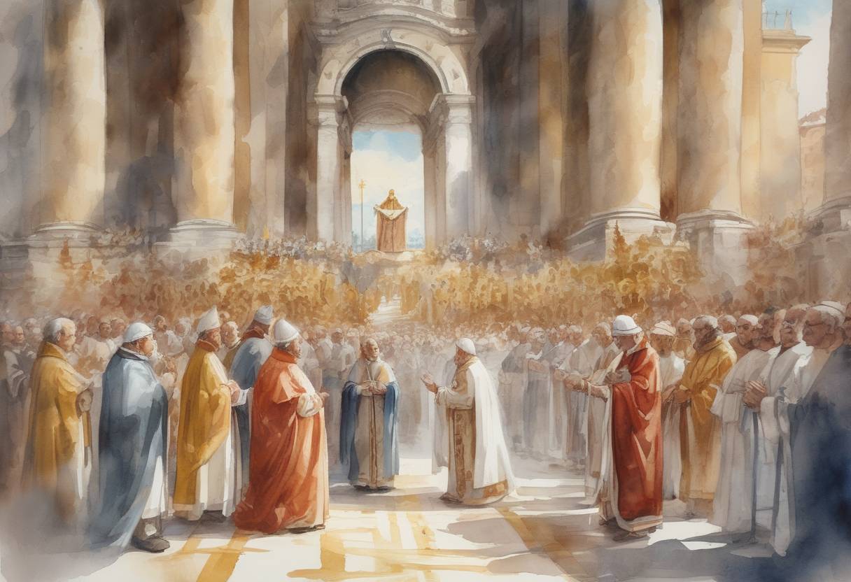 Watercolor painting based depiction of Saint Agatho becomes Pope, succeeding Pope Donus. (678)