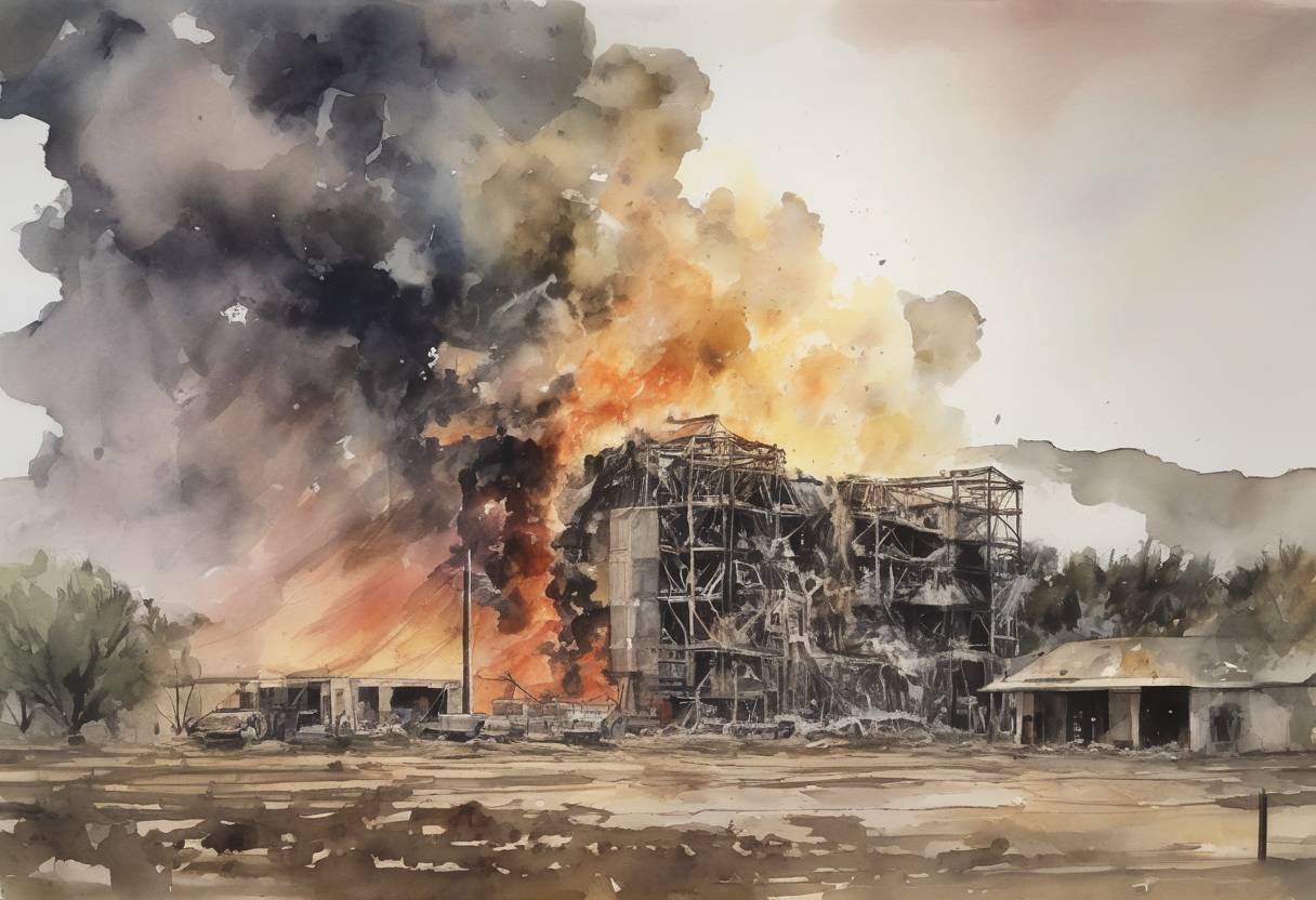 Watercolor painting based depiction of An explosion at a fertilizer plant in West, Texas, killed 15 people and injured over 160, causing widespread damage to the surrounding area. (2013)