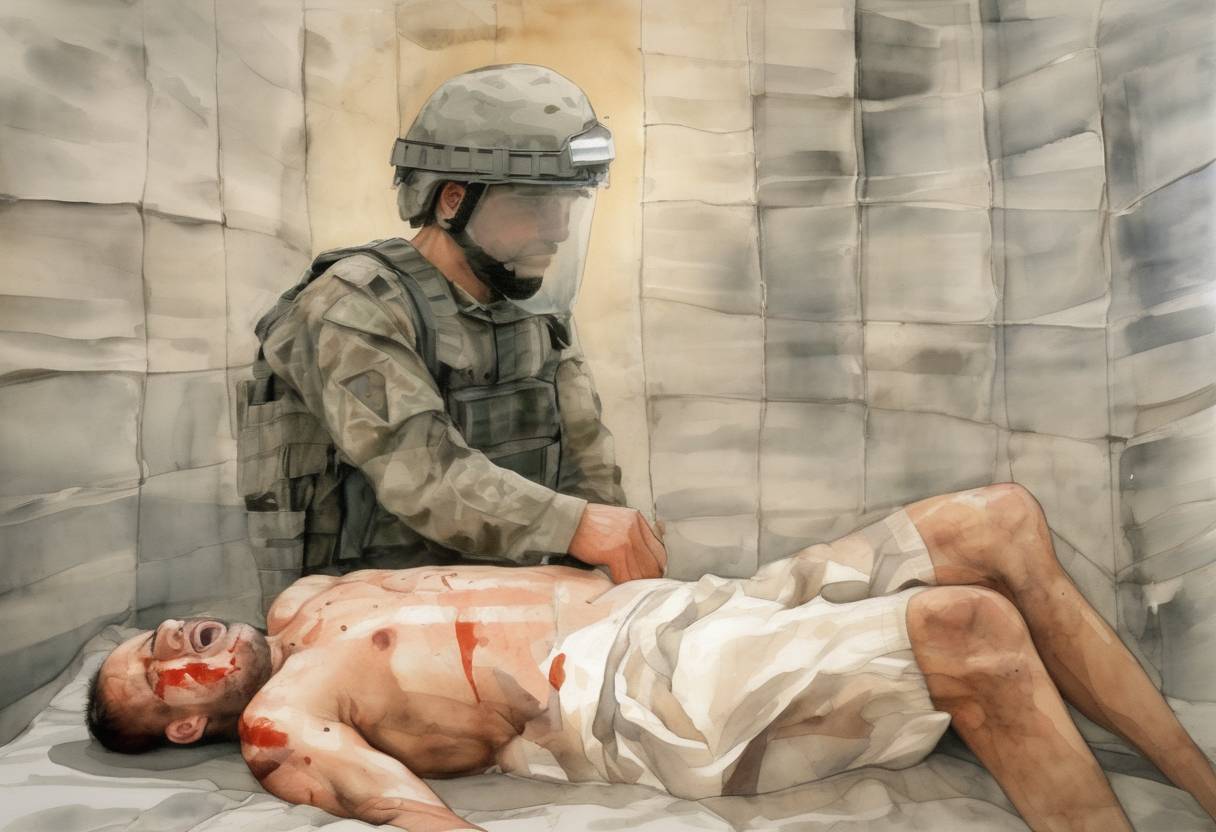 Watercolor painting based depiction of The Abu Ghraib torture scandal came to public attention when CBS News aired photographs of Iraqi prisoners being abused by American military personnel. (2004)