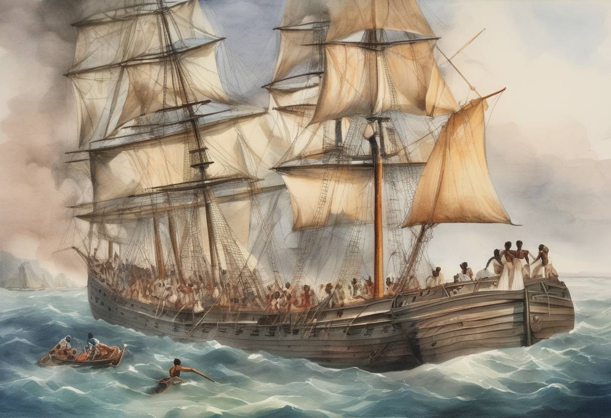 Watercolor painting based depiction of Twenty miles off the coast of Cuba, 53 rebelling African slaves led by Joseph Cinqué take over the Spanish ship Amistad. (1839)