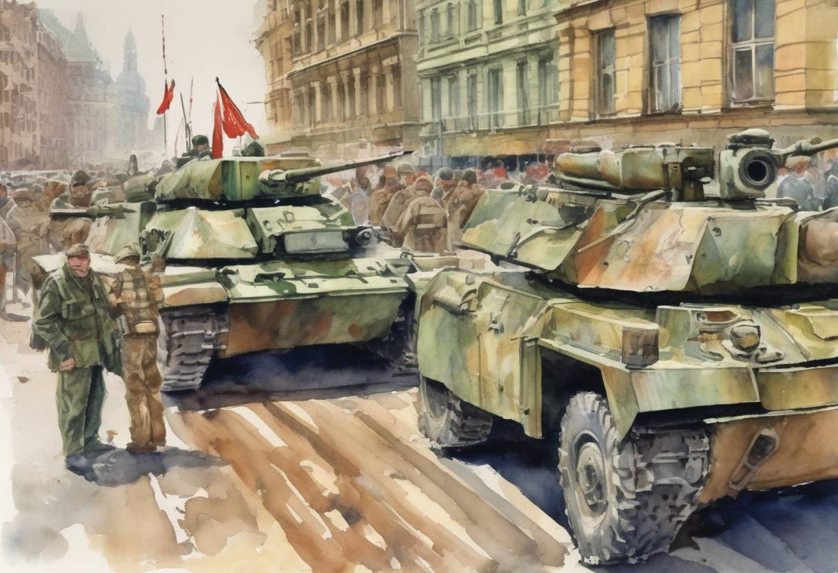 Watercolor painting based depiction of The Warsaw Pact, a collective defense treaty established by the Soviet Union and seven other Eastern Bloc socialist republics in Central and Eastern Europe during the Cold War, was formally dissolved. (1991)