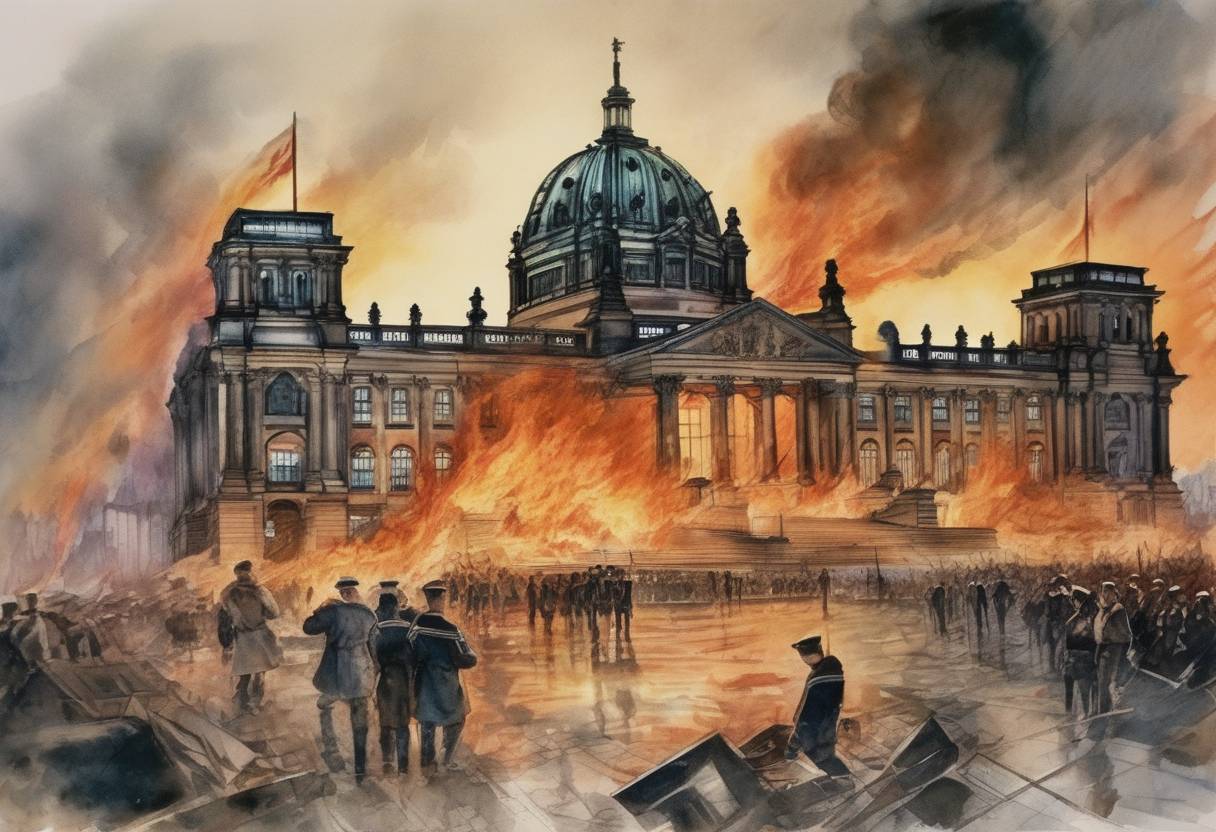 Watercolor painting based depiction of The Reichstag fire occurs in Berlin, Germany, an arson attack on the German parliament building, which the Nazi government used as a pretext to suspend civil liberties and increase state power. (1933)