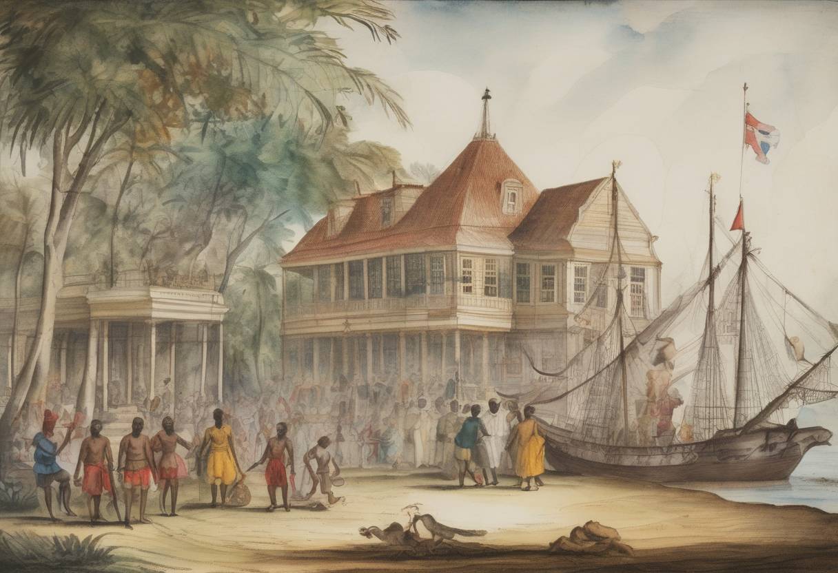 Watercolor painting based depiction of The Dutch West India Company received its charter for a trade monopoly in the West Indies, which included the Atlantic slave trade and the establishment of colonies in the Americas. (1621)