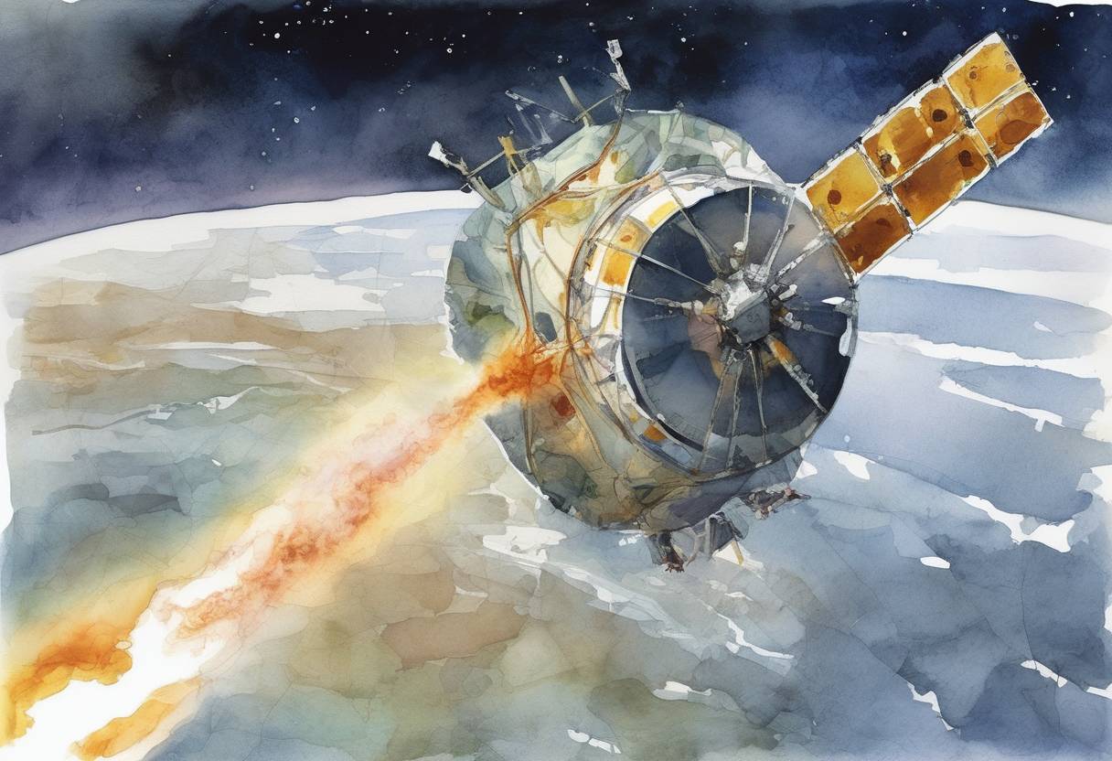 Watercolor painting based depiction of Two satellites, an Iridium communications satellite and a defunct Russian military satellite, collided in orbit, marking the first major collision between two satellites in space. (2009)