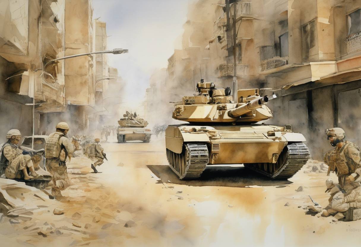 Watercolor painting based depiction of The United States, along with coalition forces, launched a military invasion of Iraq, marking the beginning of the Iraq War. The invasion aimed to dismantle alleged weapons of mass destruction and end Saddam Hussein's regime. (2003)