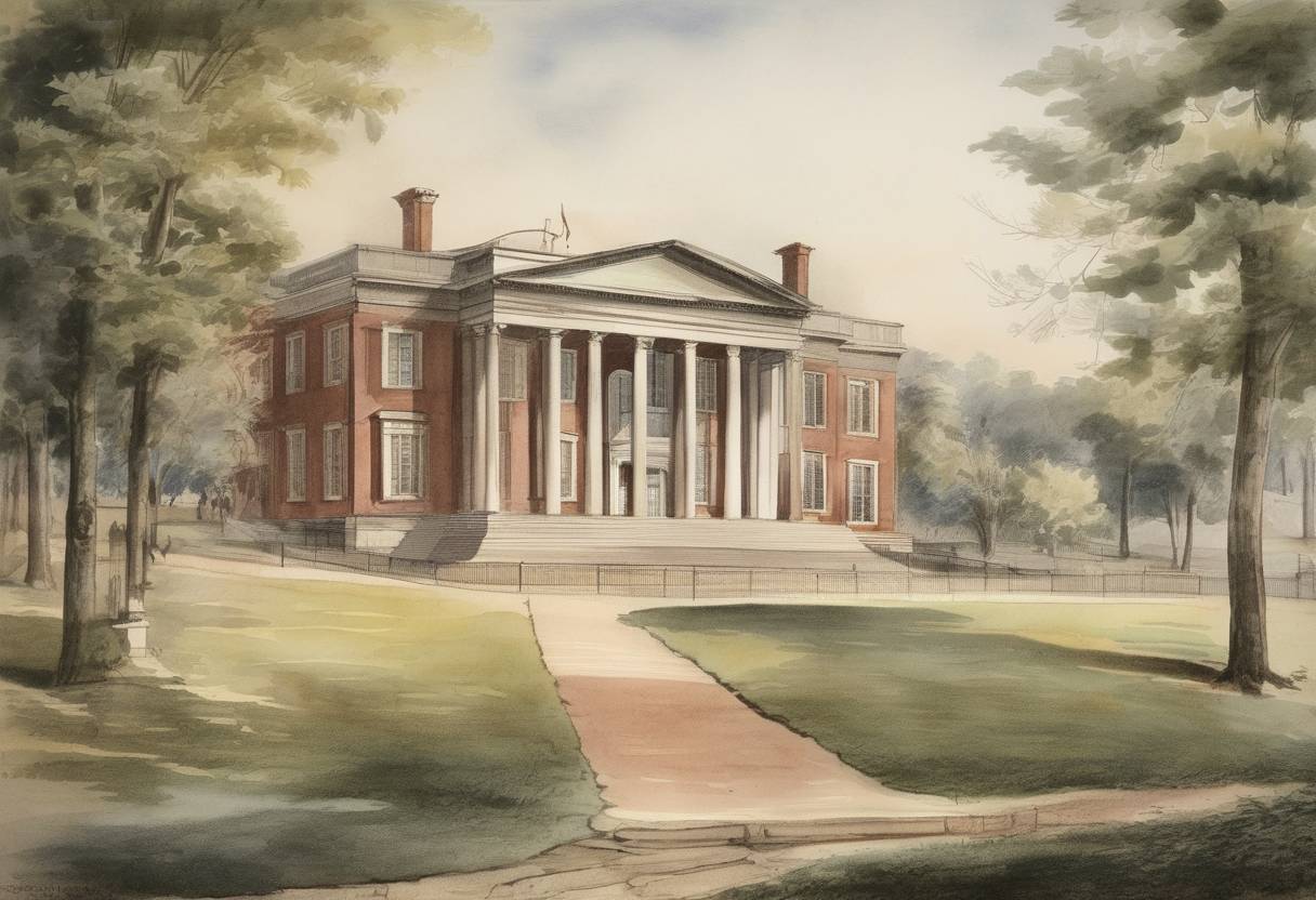 Watercolor painting based depiction of The University of Georgia is founded, becoming the first public university in the United States. (1785)