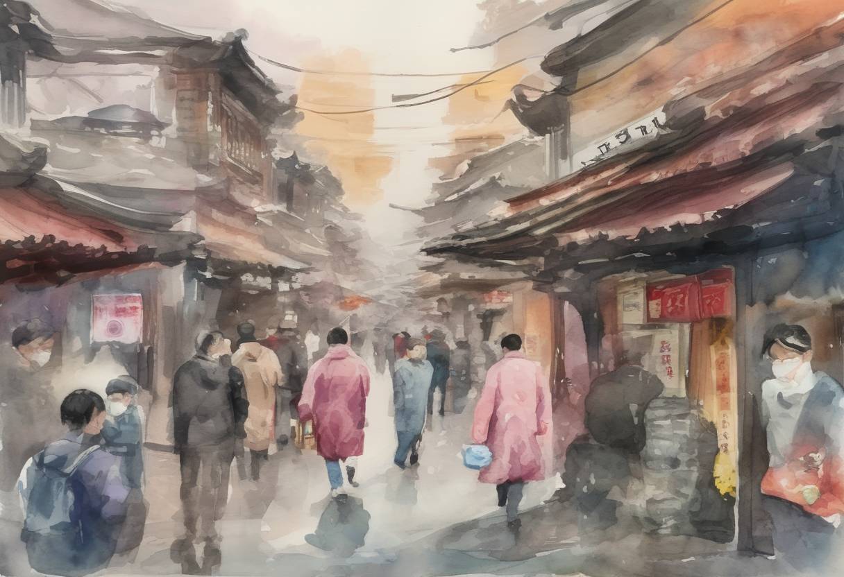 Watercolor painting based depiction of China reports its first death from a new coronavirus, later identified as COVID-19, in Wuhan, marking the beginning of a global pandemic. (2020)