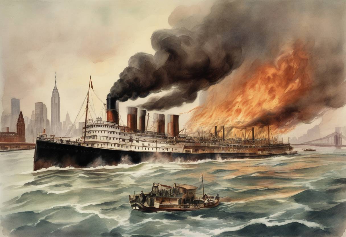 Watercolor painting based depiction of The steamship General Slocum caught fire and sank in the East River of New York City, resulting in the deaths of over 1,000 people, mostly German-American immigrants. (1904)