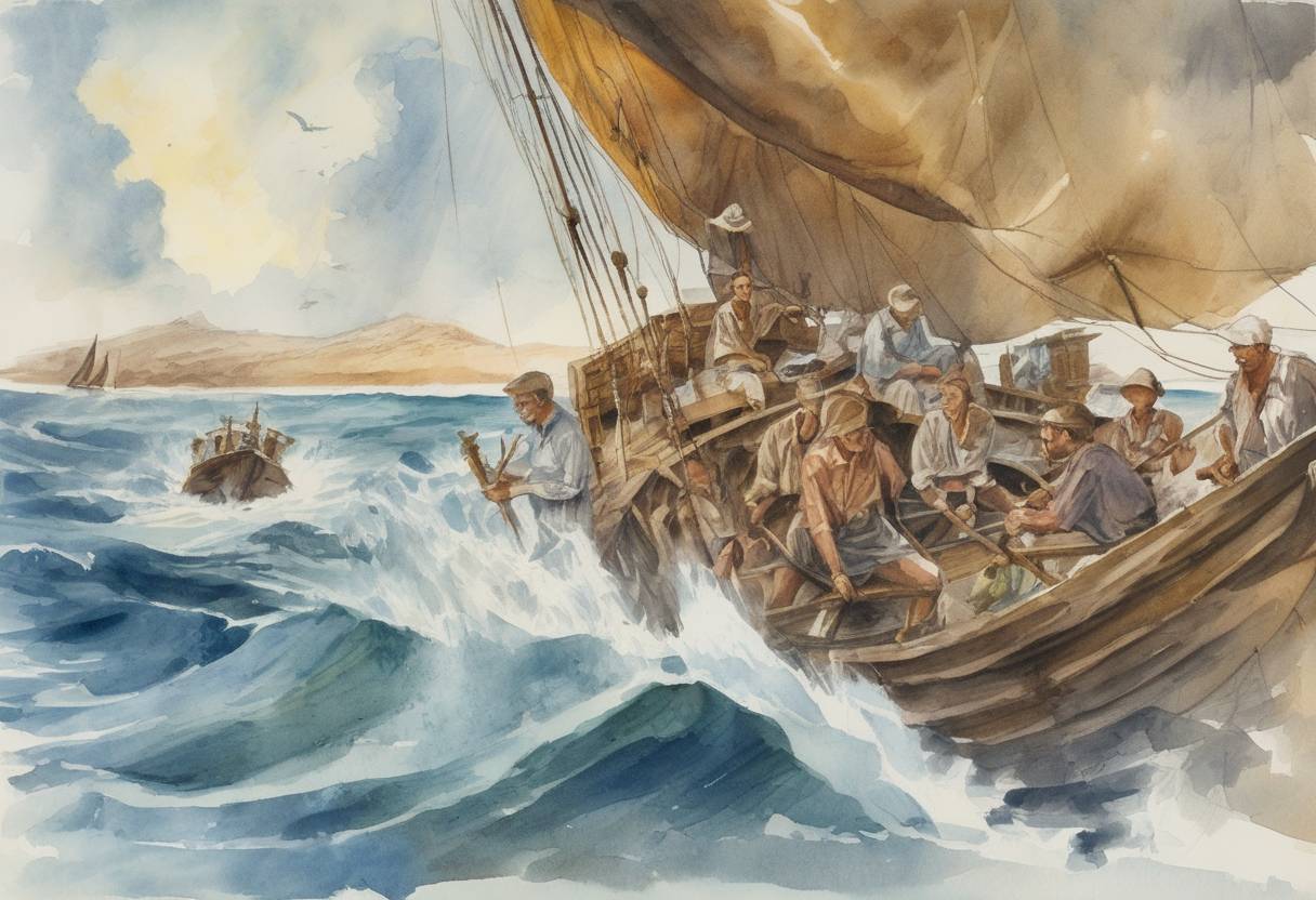Watercolor painting based depiction of Thor Heyerdahl and five crew members set sail from Peru on the Kon-Tiki expedition, aiming to demonstrate that ancient people could have made long sea voyages, creating contacts between separate cultures. (1947)