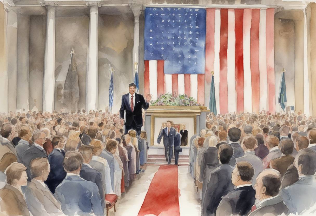 Watercolor painting based depiction of Ronald Reagan was inaugurated as the 40th President of the United States. On the same day, 52 American hostages were released from Iran after 444 days in captivity. (1981)