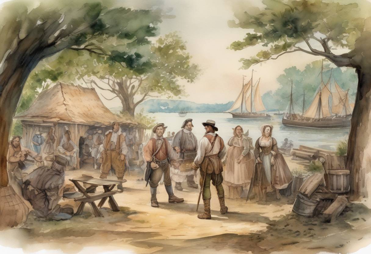 Watercolor painting based depiction of English settlers establish Jamestown, the first permanent English settlement in North America. (1607)