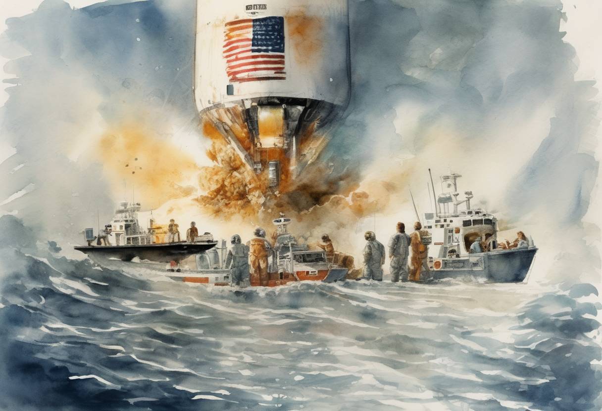 Watercolor painting based depiction of The crew of Apollo 13 safely returned to Earth after an oxygen tank explosion aborted their mission to the Moon. (1970)