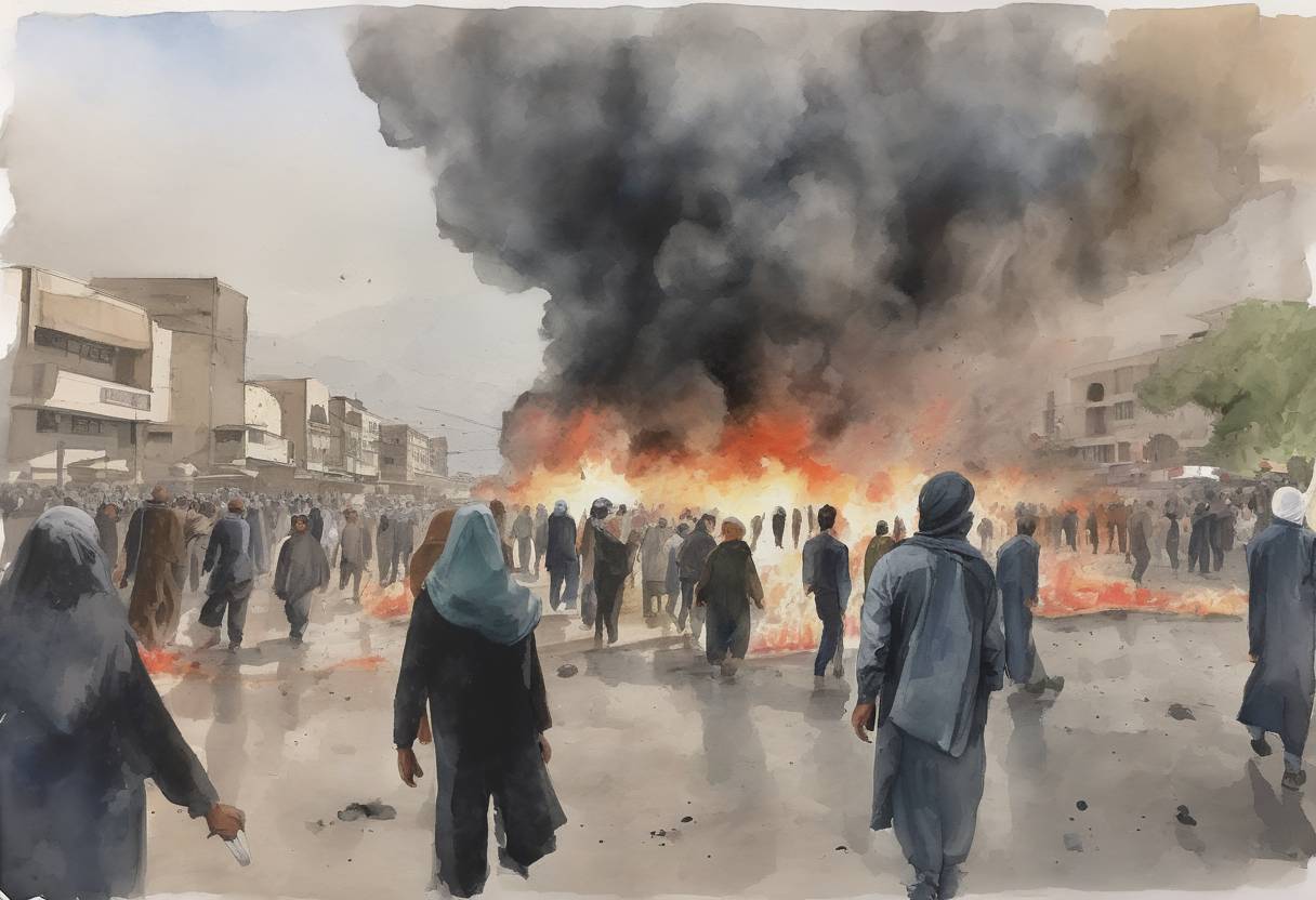 Watercolor painting based depiction of A suicide bombing occurred at a rally in Kabul, Afghanistan, killing at least 80 people and injuring over 230. The attack was claimed by the Islamic State, targeting the Hazara minority. (2016)