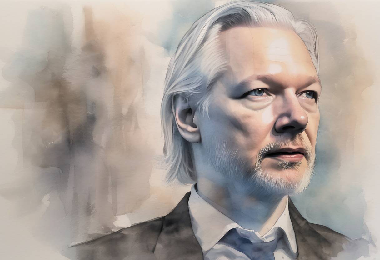 Watercolor painting based depiction of WikiLeaks founder Julian Assange was arrested by British police at the Ecuadorian Embassy in London after Ecuador withdrew his asylum. He faced extradition to the United States on charges related to the publication of classified documents. (2019)