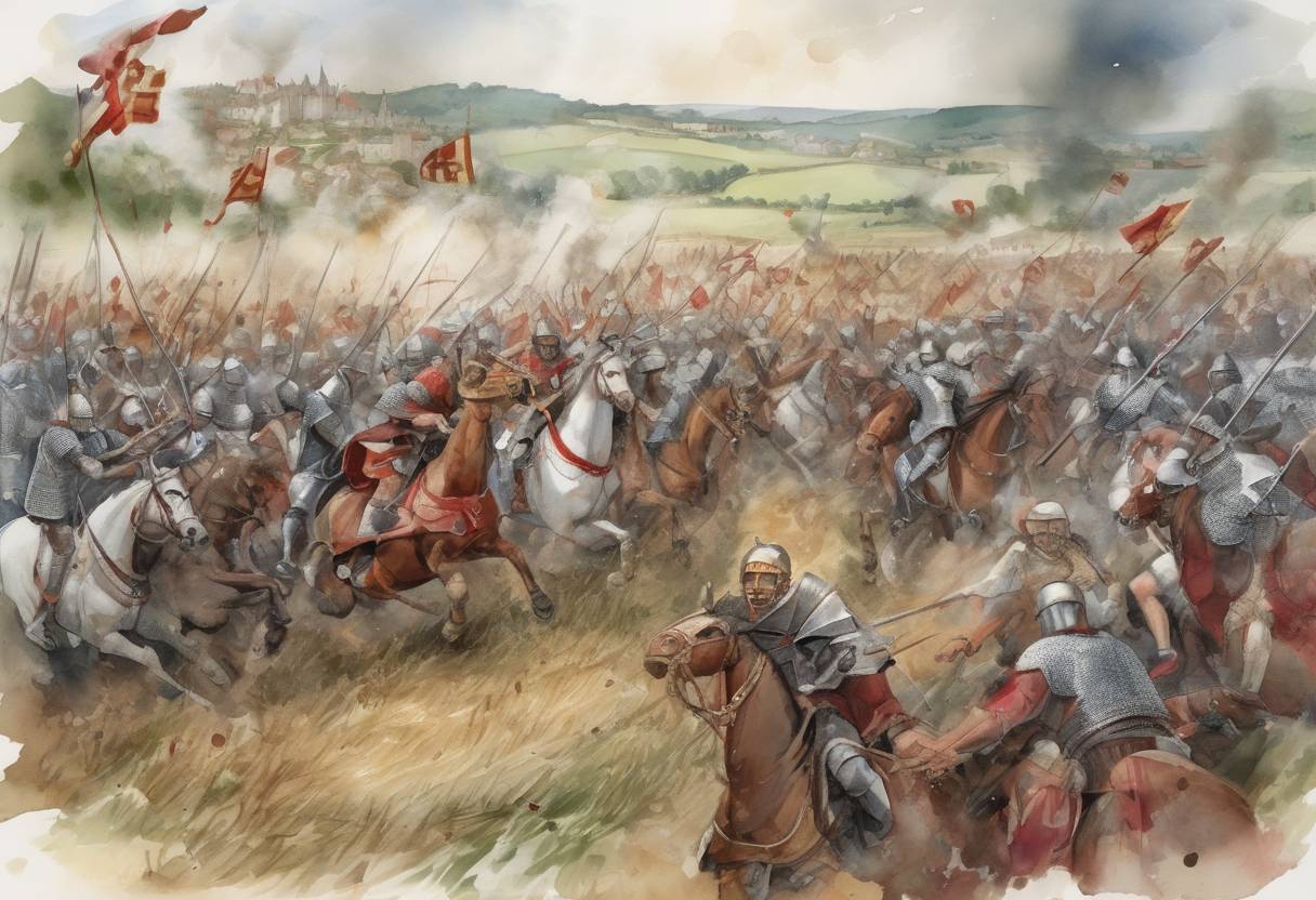 Watercolor painting based depiction of The Battle of Vézeronce takes place between the Franks and the Burgundians, resulting in a Frankish victory. (524)