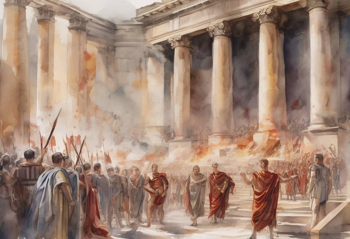 Watercolor painting based depiction of Julius Caesar was assassinated by a group of Roman senators led by Gaius Cassius Longinus and Marcus Junius Brutus, marking a pivotal moment in Roman history that led to the end of the Roman Republic and the rise of the Roman Empire. (44)