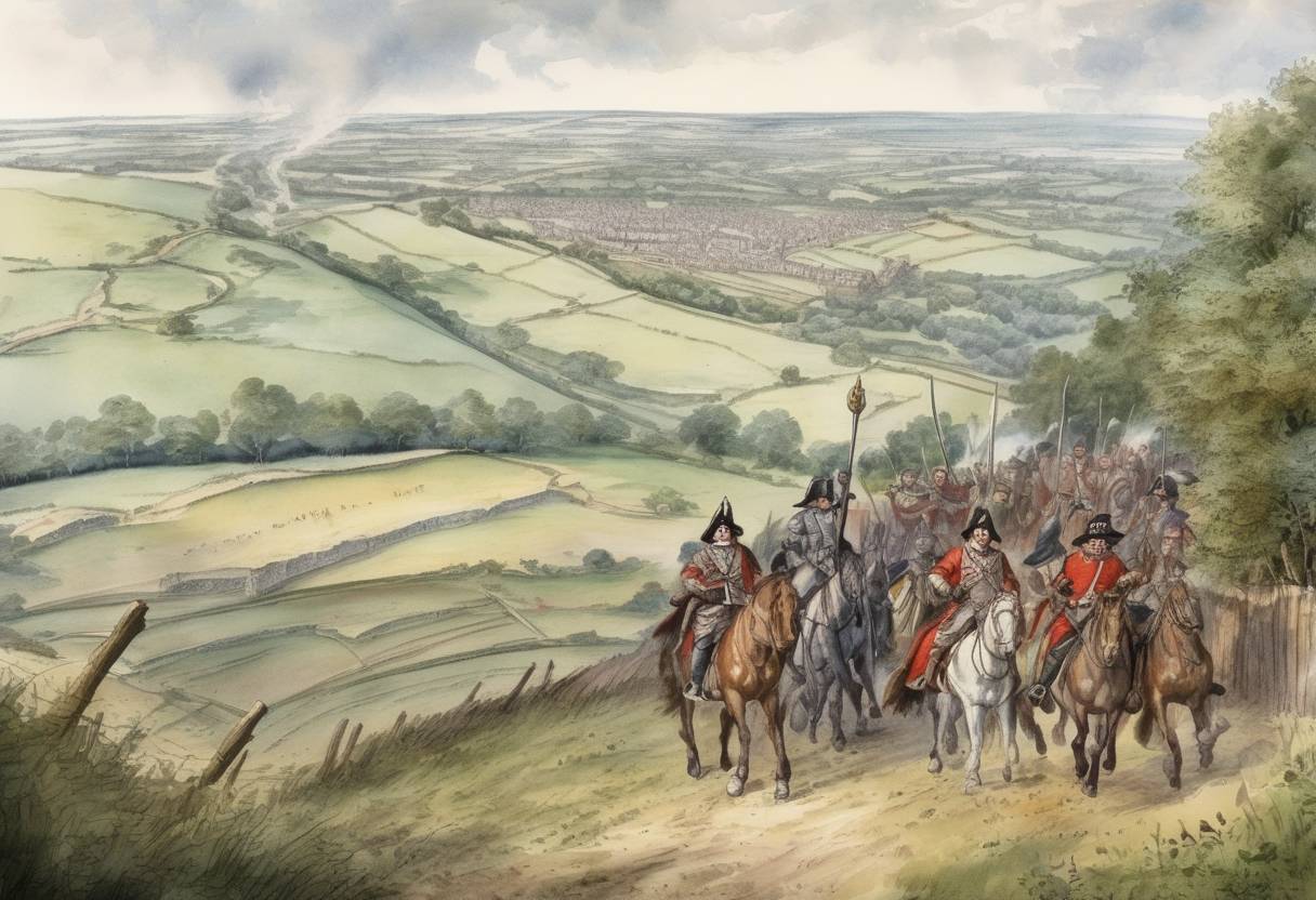 Watercolor painting based depiction of The English Civil War saw the Battle of Roundway Down, where Royalist forces defeated the Parliamentarians. (1643)