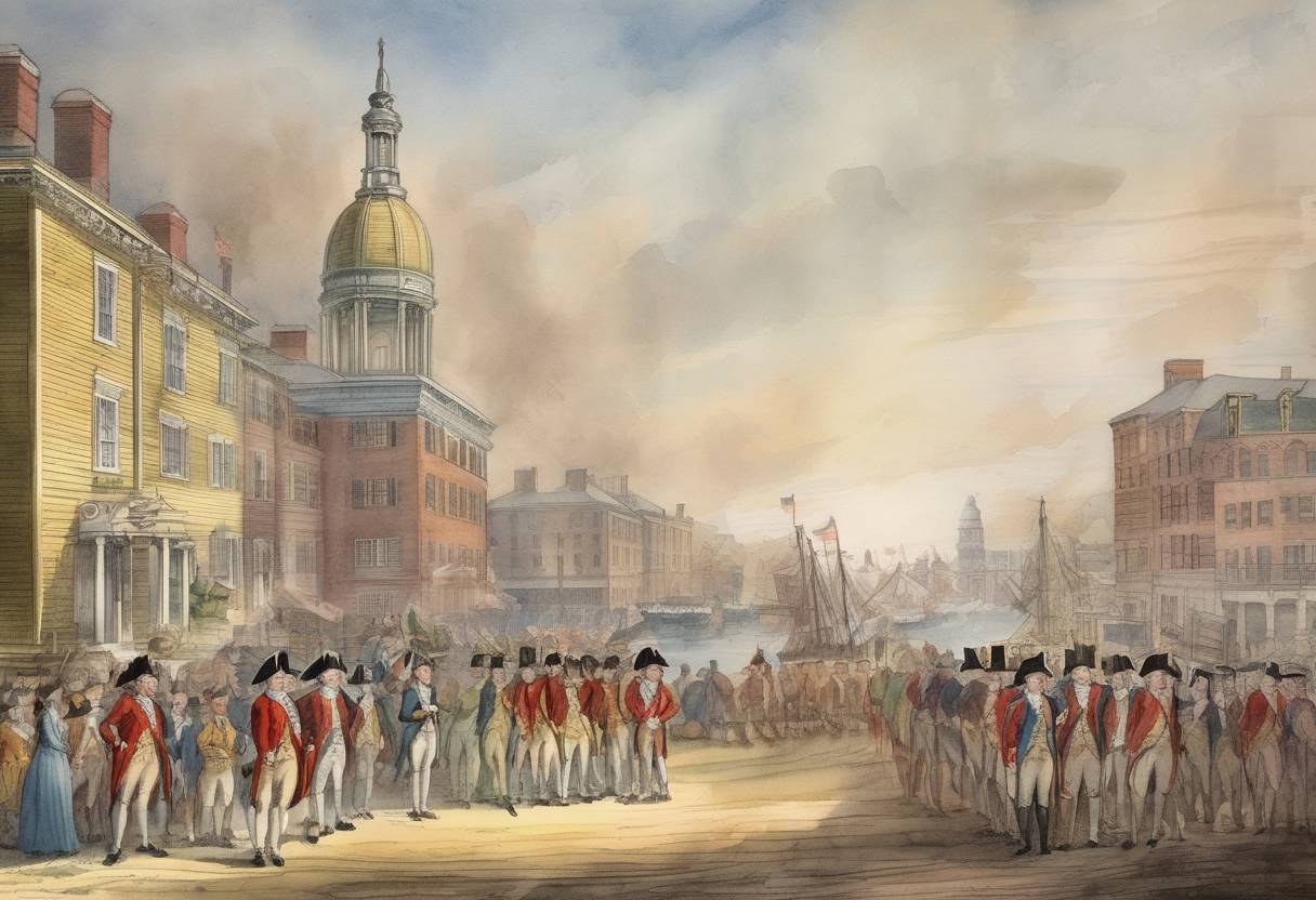 Watercolor painting based depiction of Rhode Island became the first American colony to renounce allegiance to King George III, two months before the Declaration of Independence was adopted. (1776)