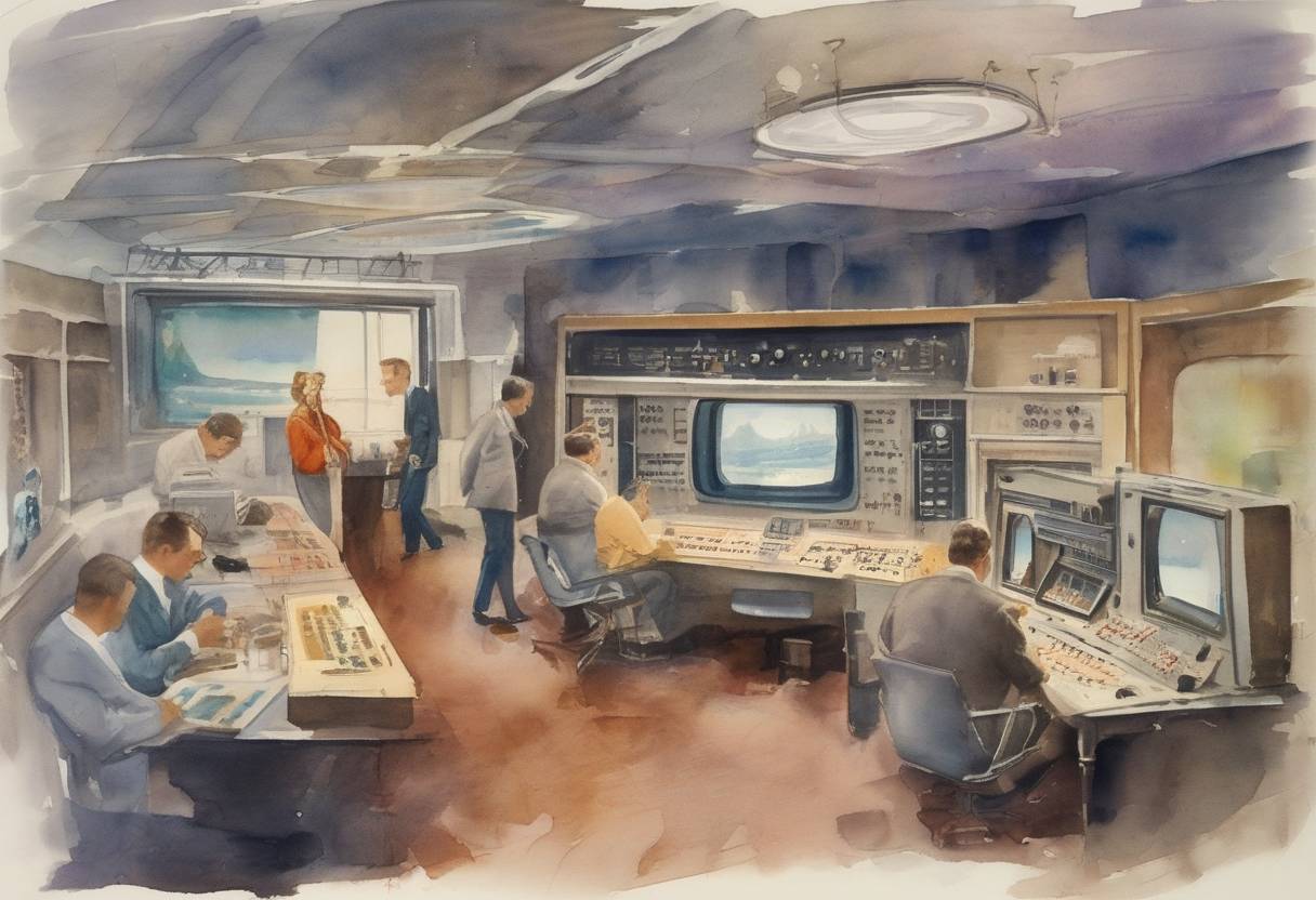 Watercolor painting based depiction of Telstar relays the first publicly transmitted, live trans-Atlantic television program. (1962)