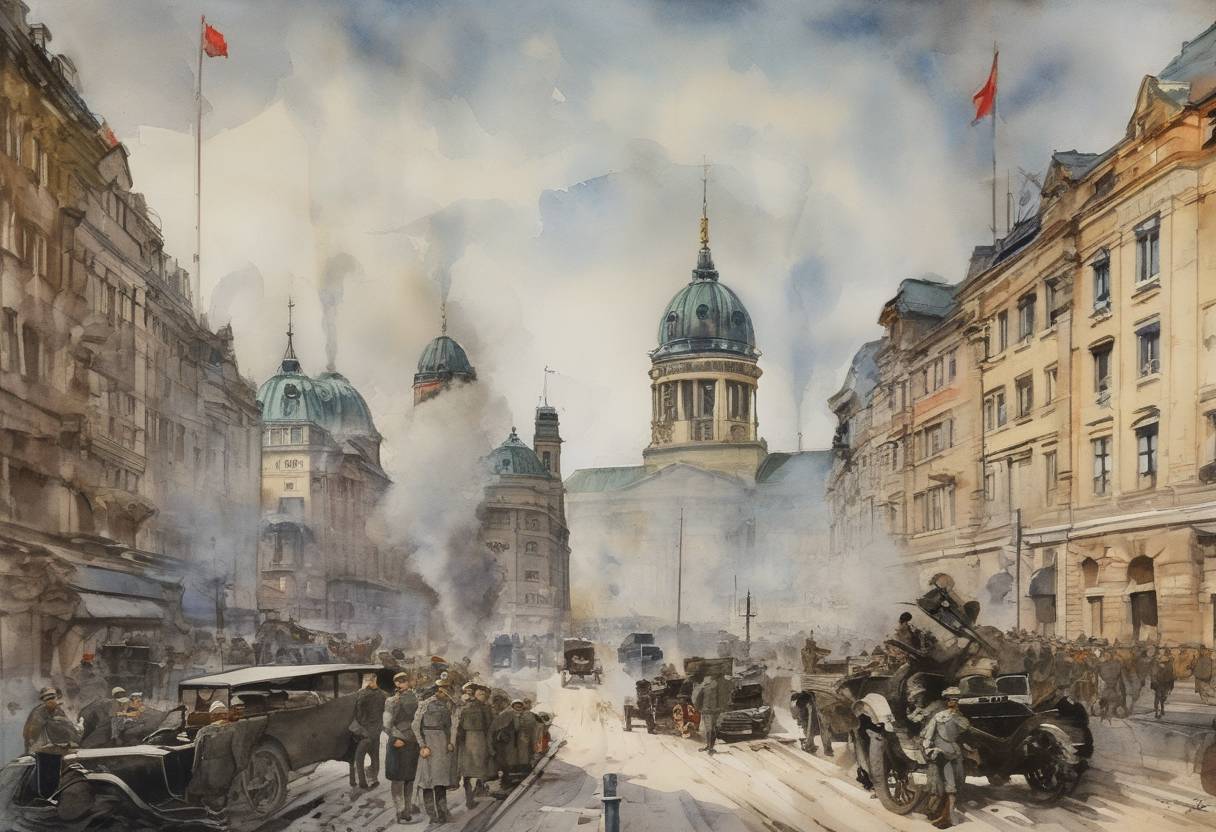 Watercolor painting based depiction of Germany declared war on Russia, marking the beginning of World War I. (1914)