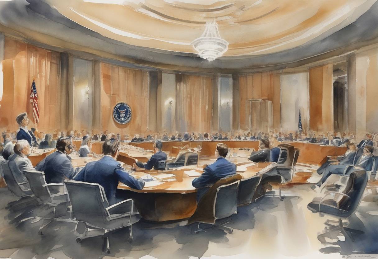 Watercolor painting based depiction of The televised hearings of the United States Senate Watergate Committee began, investigating the Watergate scandal that eventually led to the resignation of President Richard Nixon. (1973)