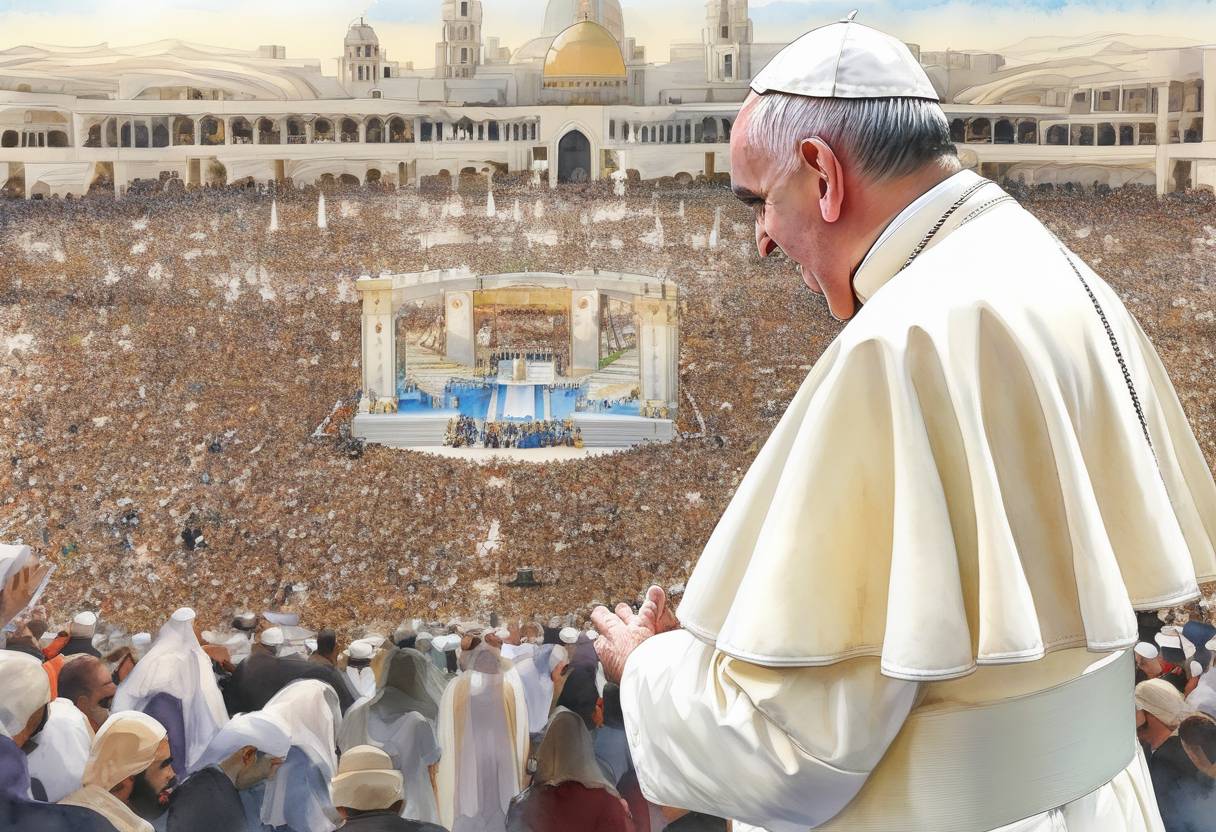 Watercolor painting based depiction of Pope Francis became the first pope to visit the Arabian Peninsula, holding a historic public mass in Abu Dhabi attended by around 180,000 people. (2019)