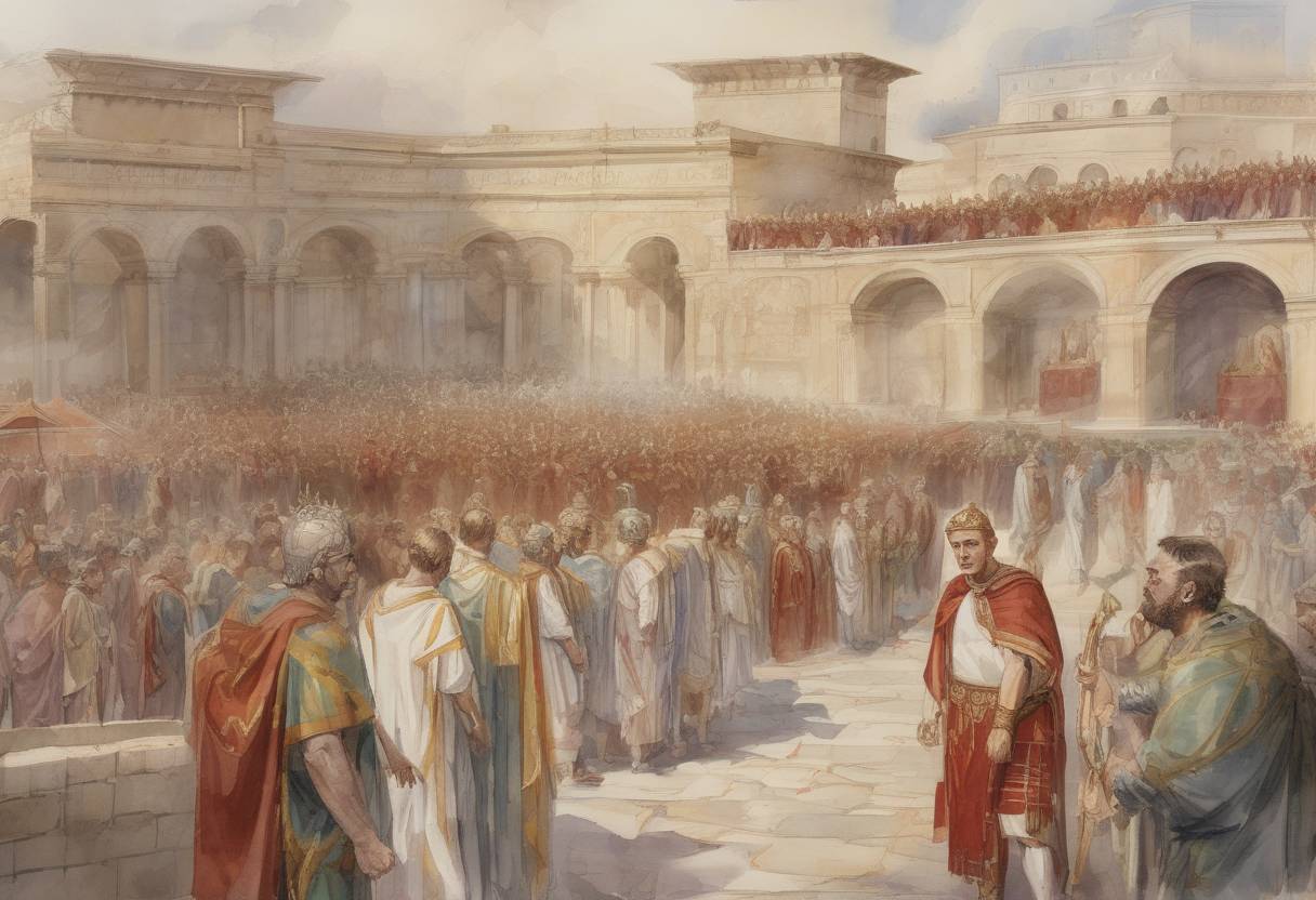 Watercolor painting based depiction of The Edict of Thessalonica was issued by Roman Emperors Theodosius I, Gratian, and Valentinian II, declaring Nicene Christianity as the official state religion of the Roman Empire. (380)