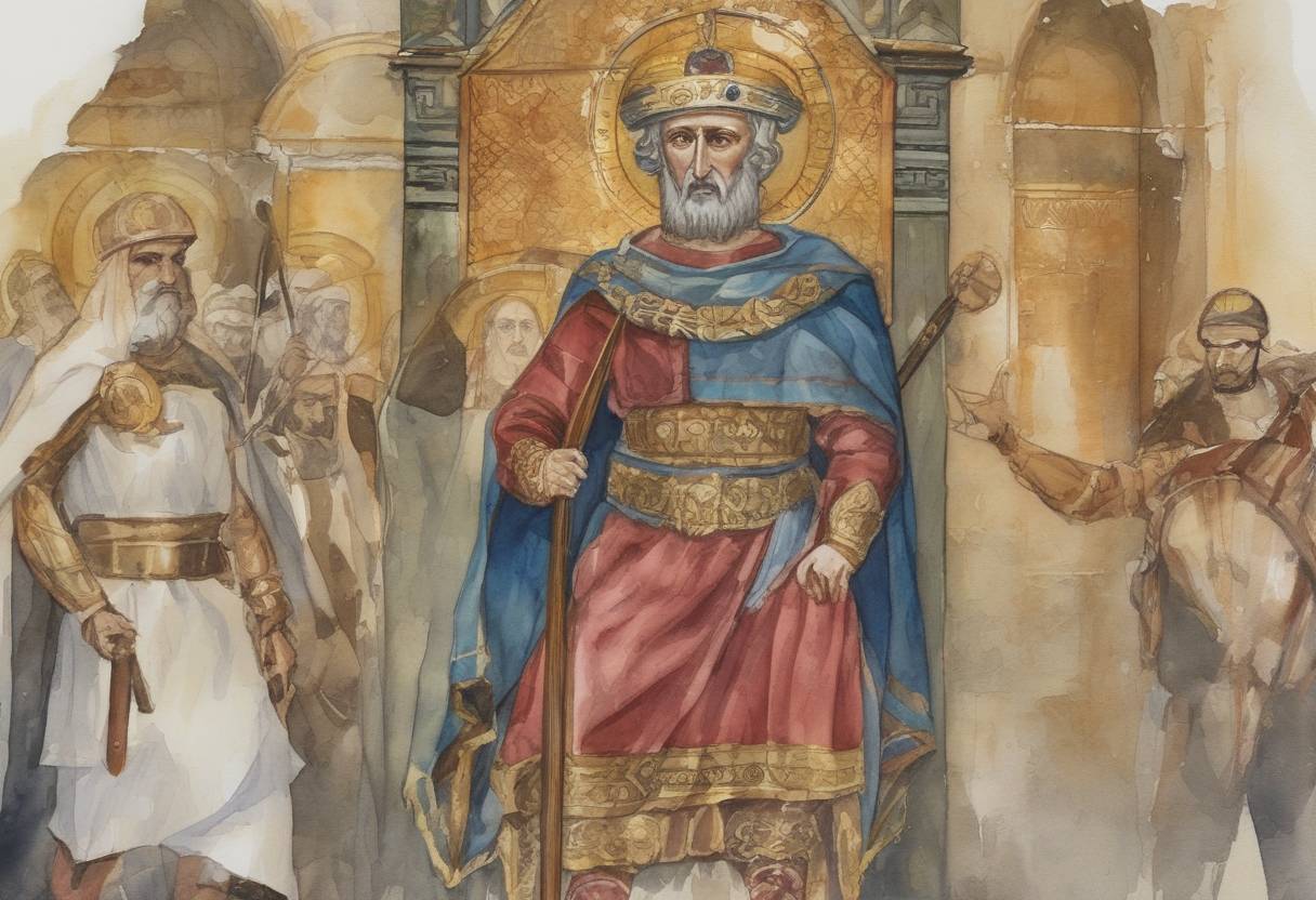 Watercolor painting based depiction of The Byzantine emperor Nikephoros I was killed in the Battle of Pliska against the Bulgarians, marking a significant defeat for the Byzantine Empire. (810)