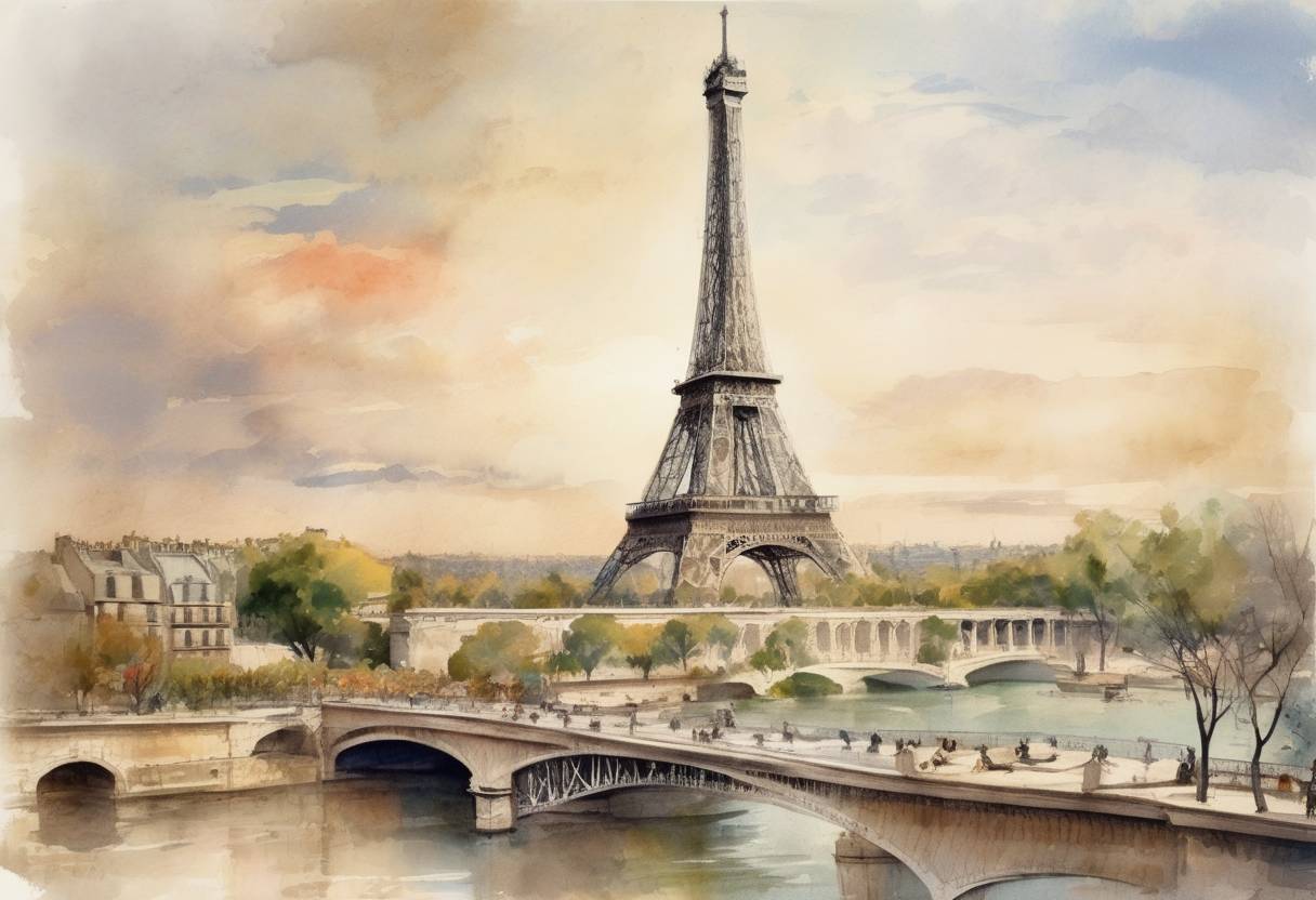 Watercolor painting based depiction of The Eiffel Tower was officially completed in Paris, France. It was designed by Gustave Eiffel and became a global cultural icon of France and one of the most recognizable structures in the world. (1889)