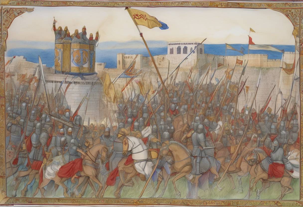 Watercolor painting based depiction of The Avar and Persian siege of Constantinople begins during the Byzantine-Sassanian War of 602–628. The siege was part of a coordinated effort by the Avars, Slavs, and Persians to capture the Byzantine capital. (626)