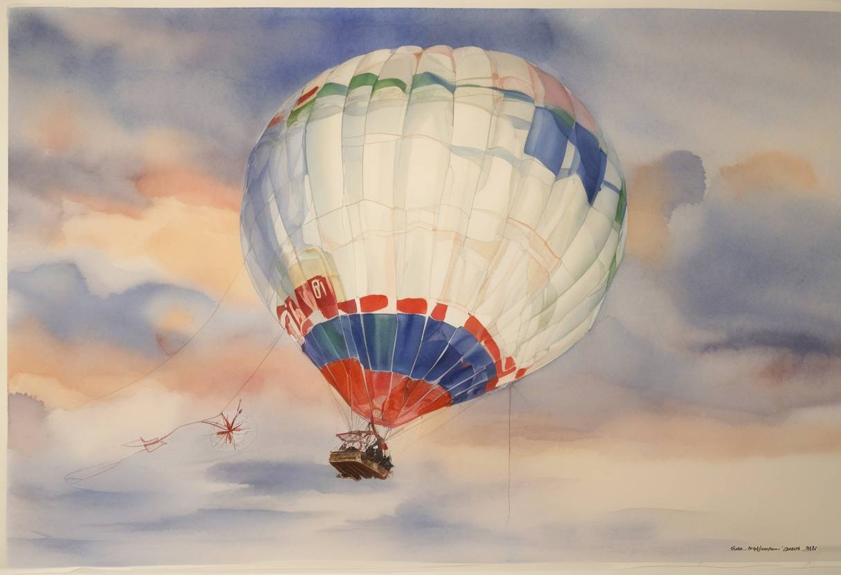 Watercolor painting based depiction of Steve Fossett landed in Leader, Saskatchewan, Canada, becoming the first person to make a solo flight across the Pacific Ocean in a balloon. (1995)