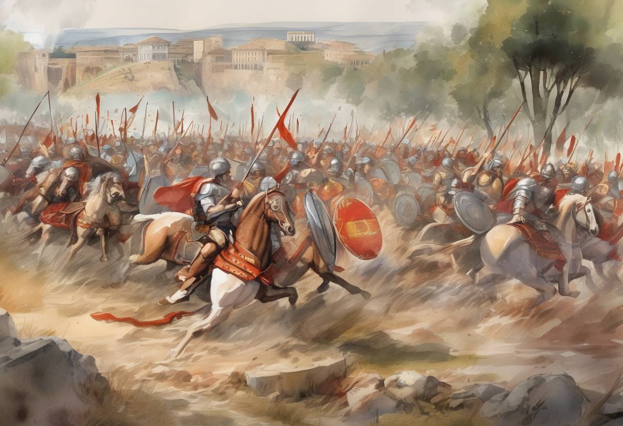 Watercolor painting based depiction of The Battle of the Allia took place, where the Roman Republic suffered a significant defeat against the Senones, a Gallic tribe, near the river Allia, leading to the subsequent sack of Rome. (390)