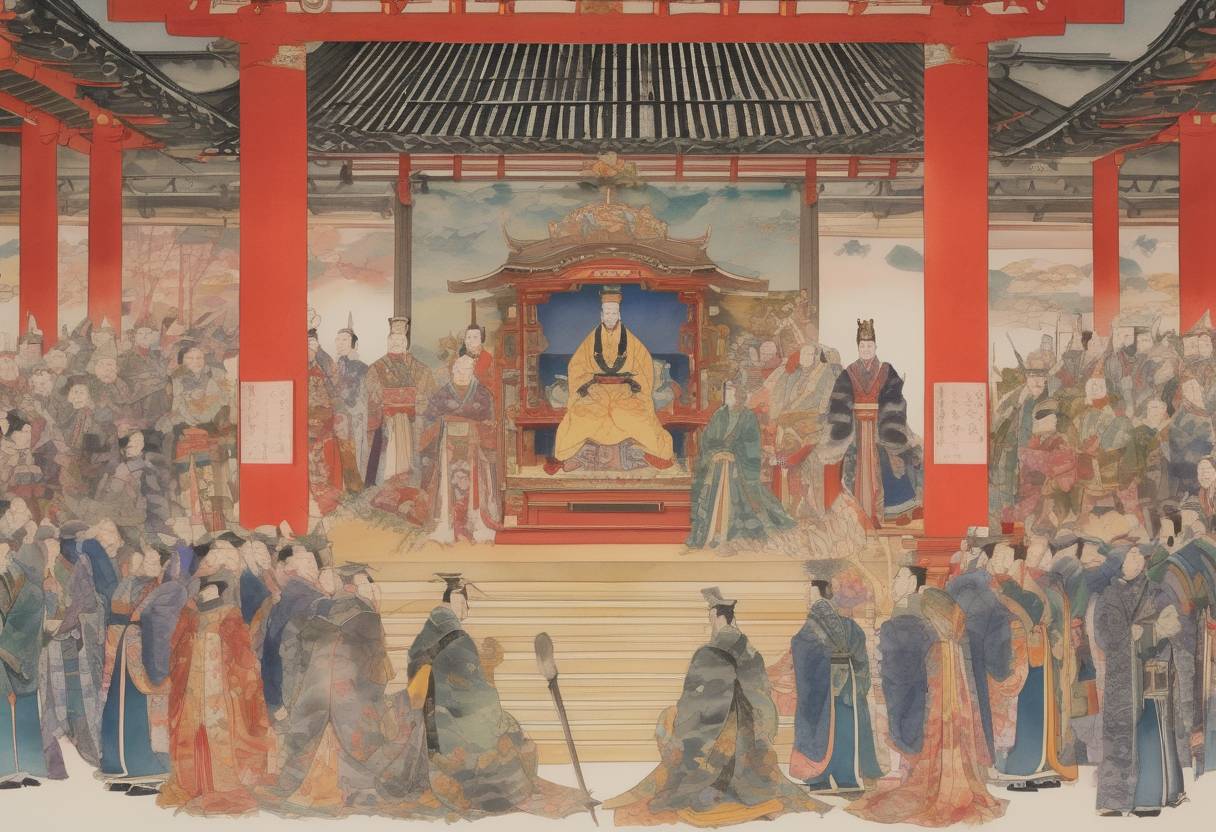 Watercolor painting based depiction of Emperor Shōmu ascended to the throne of Japan, marking the beginning of his reign. (724)