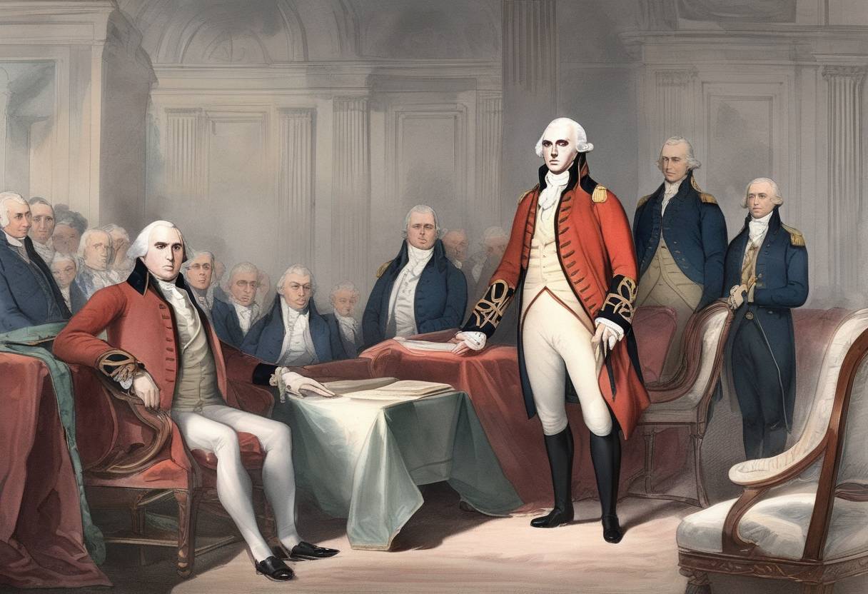 Watercolor painting based depiction of U.S. President James Madison asked Congress to declare war on the United Kingdom, leading to the War of 1812. (1812)