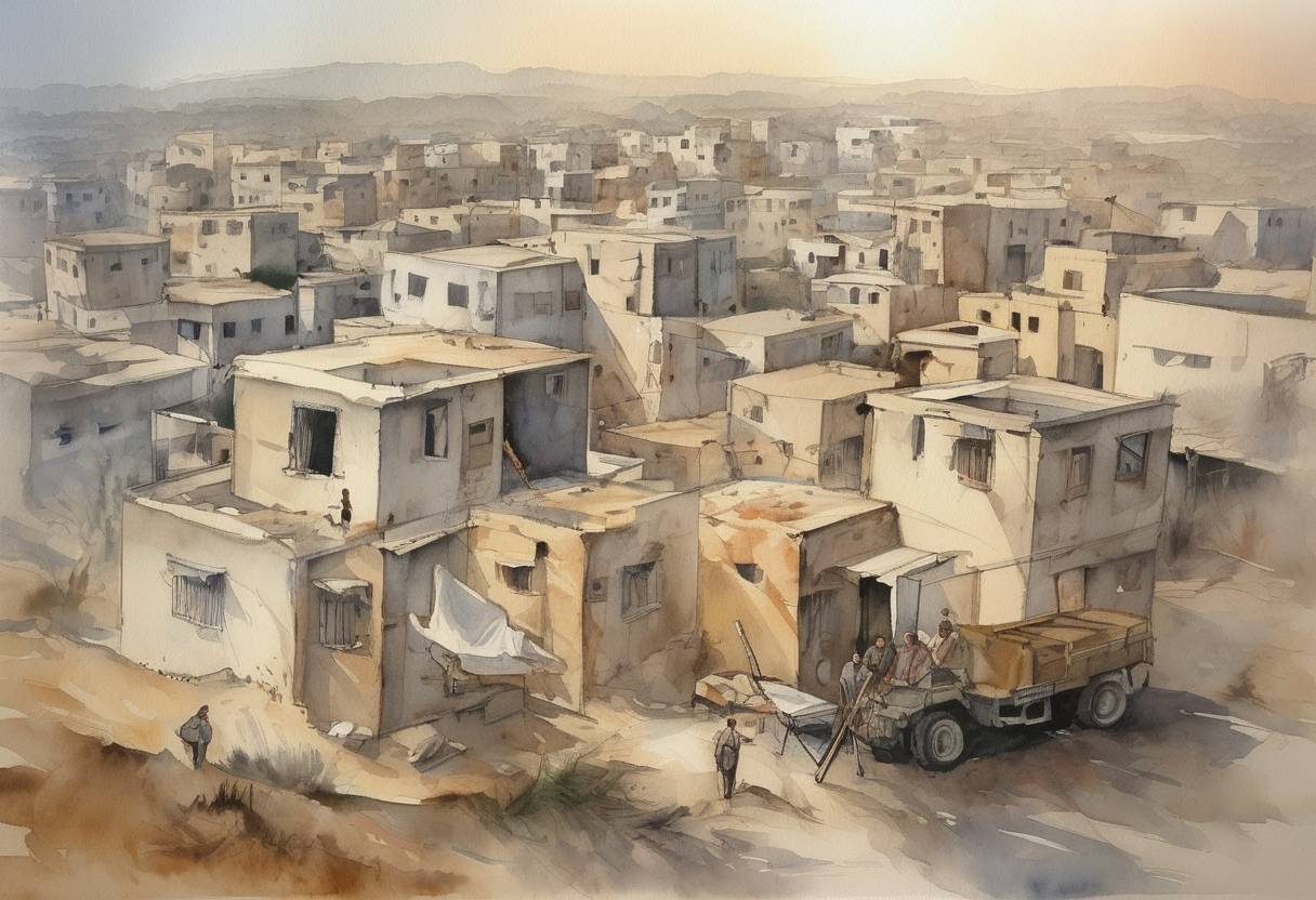 Watercolor painting based depiction of Israel began its unilateral disengagement from the Gaza Strip, evacuating all Israeli settlements in the area. (2005)