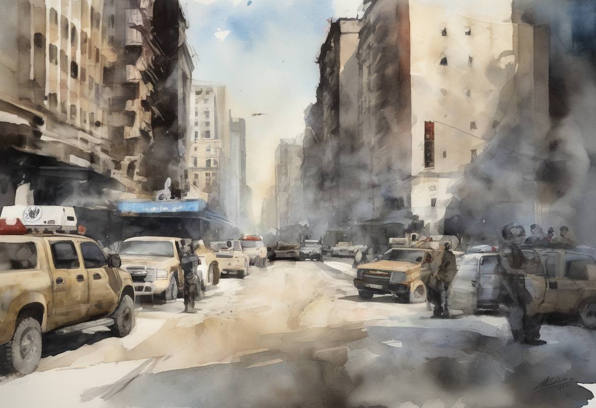 Watercolor painting based depiction of The United Nations Security Council approved a resolution to send an advance team of observers to Syria to monitor a ceasefire between the government and opposition forces, part of efforts to end the Syrian Civil War. (2012)