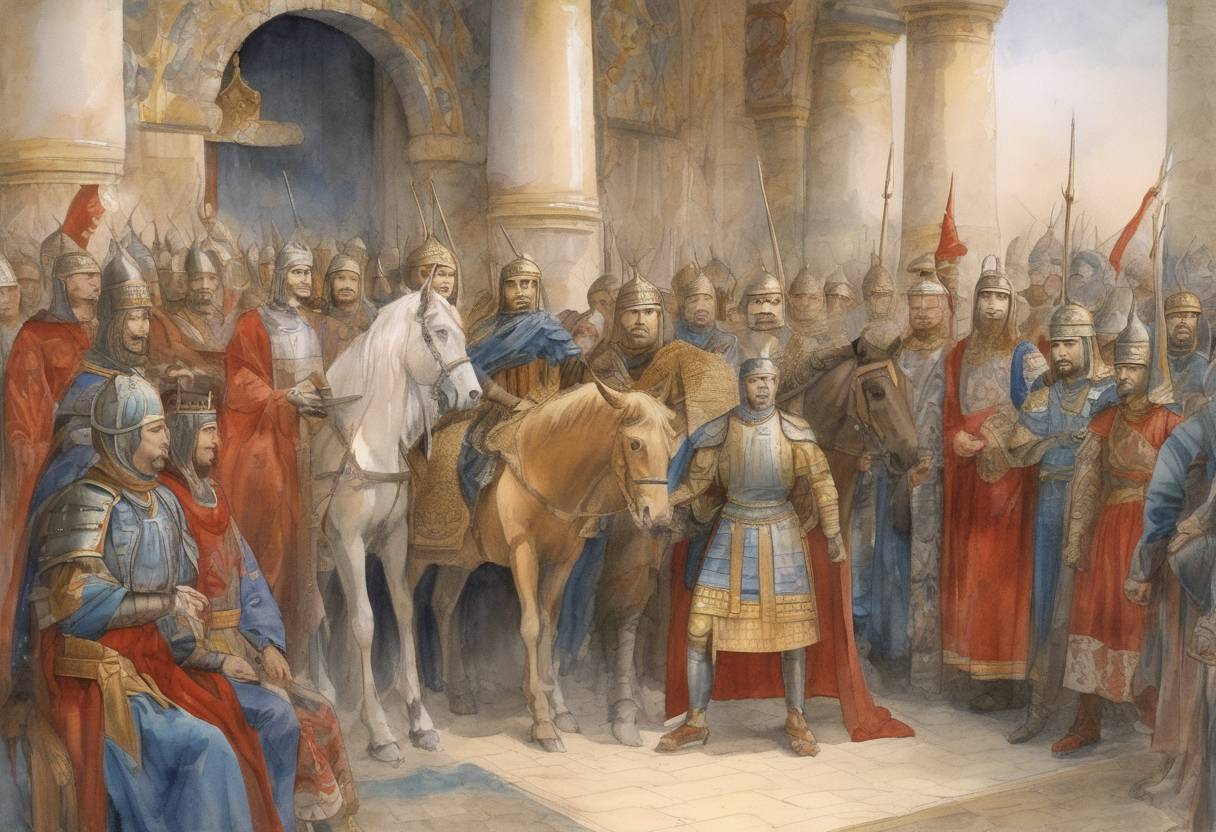 Watercolor painting based depiction of Andrew of Longjumeau is sent by King Louis IX of France as an ambassador to the Mongol Empire. (1249)