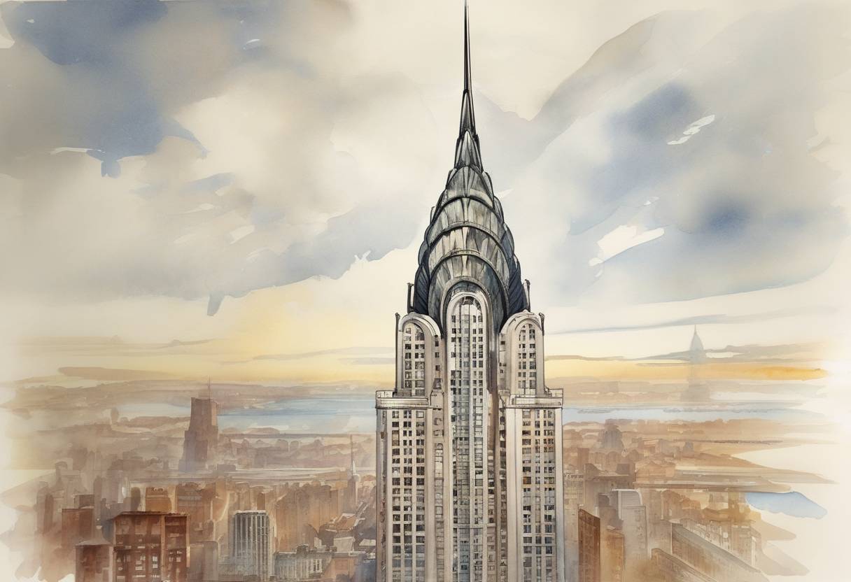 Watercolor painting based depiction of The 1,046-foot Chrysler Building in New York City opens to the public, becoming the world's tallest building at the time. (1930)
