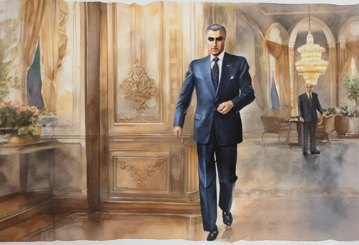 Watercolor painting based depiction of The Shah of Iran, Mohammad Reza Pahlavi, left Iran for exile, marking a pivotal moment in the Iranian Revolution. (1979)