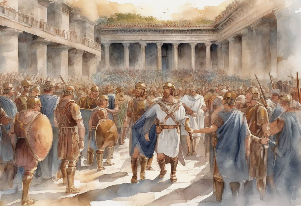 Watercolor painting based depiction of Romulus Augustulus, the last Western Roman Emperor, was deposed by the Germanic chieftain Odoacer, marking the traditional end of the Western Roman Empire. (476)