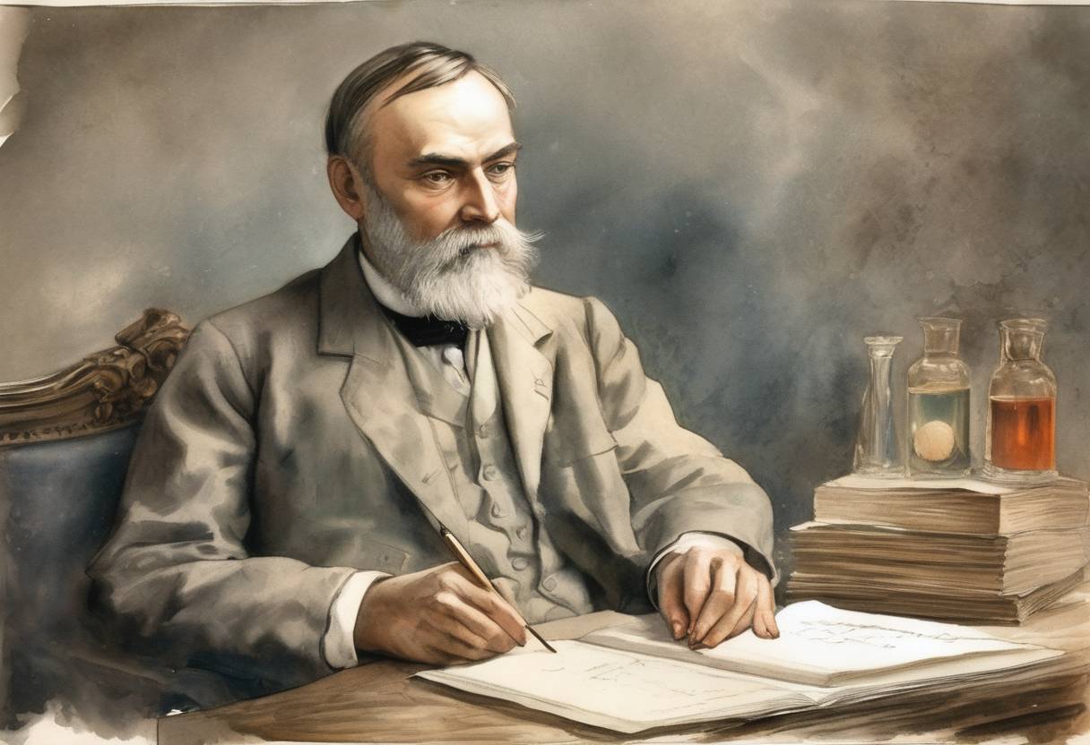 Watercolor painting based depiction of Alfred Nobel signed his last will and testament, establishing the Nobel Prizes to be awarded for achievements in Physics, Chemistry, Medicine, Literature, and Peace. (1895)