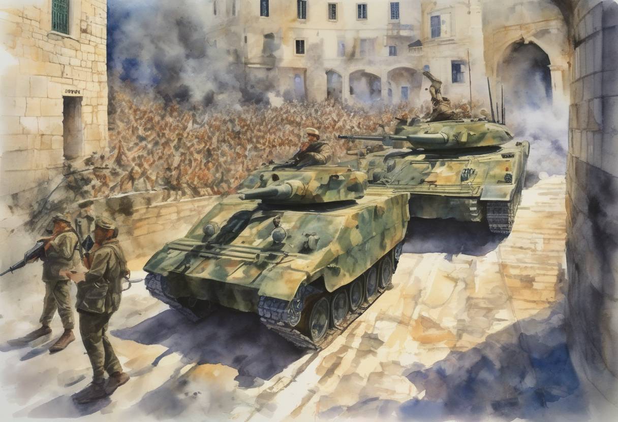 Watercolor painting based depiction of The Croatian War of Independence: The Yugoslav People's Army begins an attack on the Croatian city of Dubrovnik. (1991)