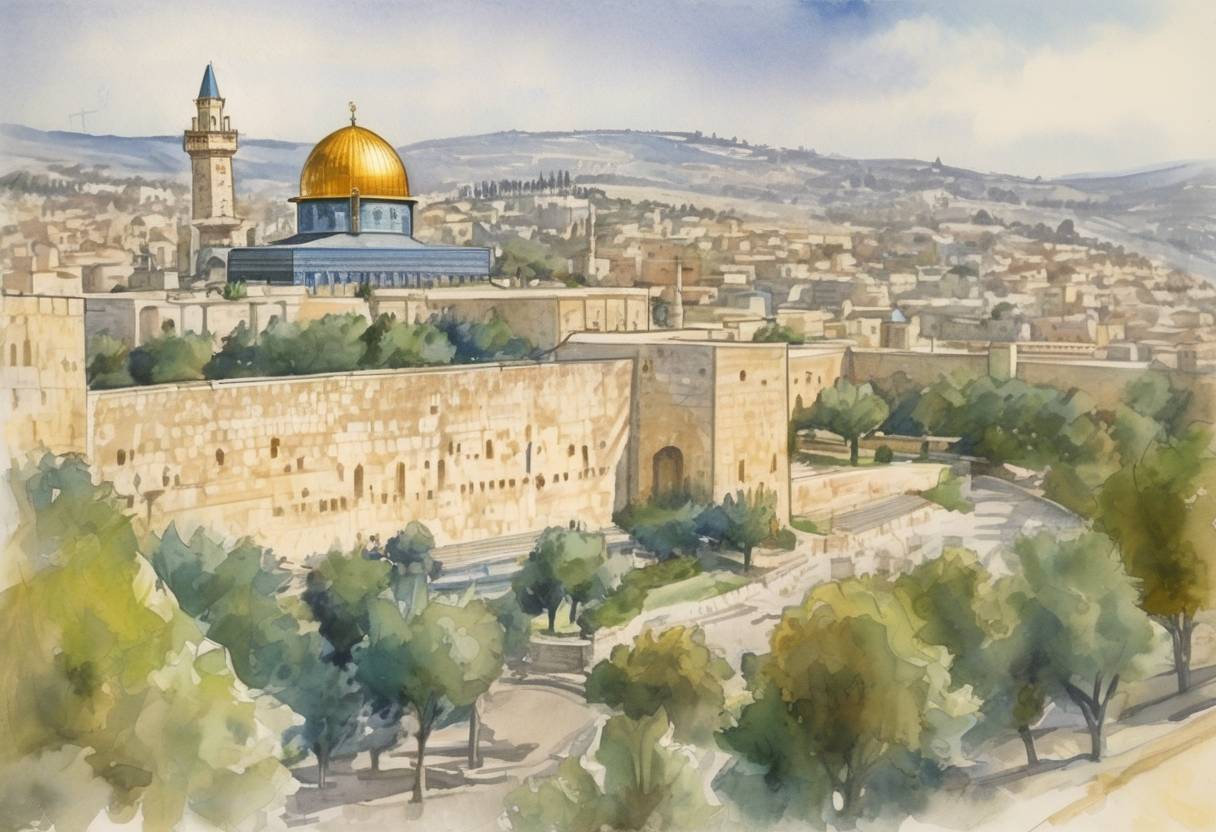 Watercolor painting based depiction of The Knesset voted to move the capital of Israel to Jerusalem. (1949)