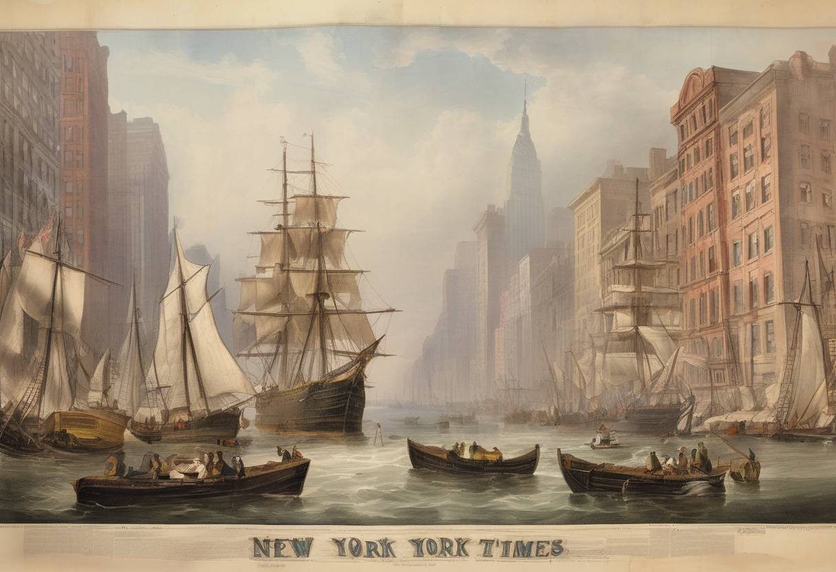 Watercolor painting based depiction of The first edition of The New-York Daily Times, which later becomes The New York Times, is published. (1851)