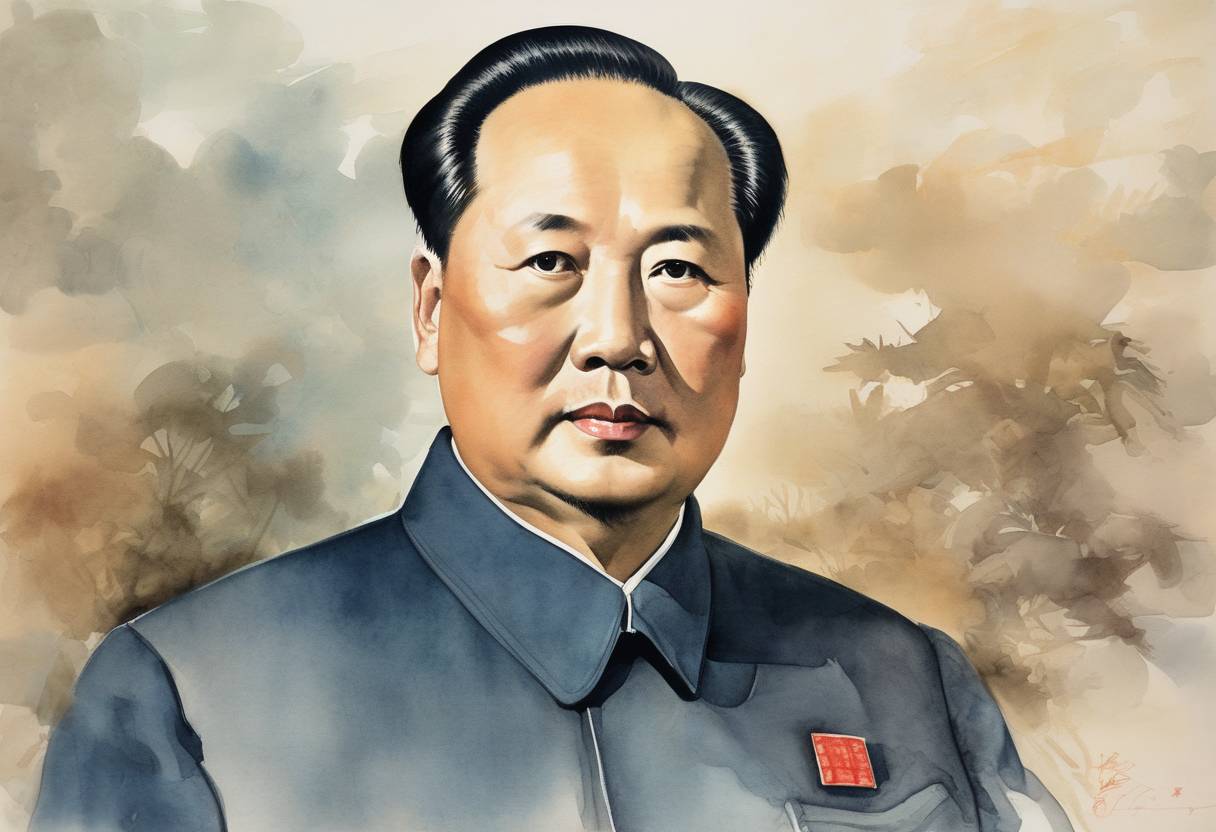 Watercolor painting based depiction of Mao Zedong, the founding father of the People's Republic of China, died, leading to significant political changes in China. (1976)