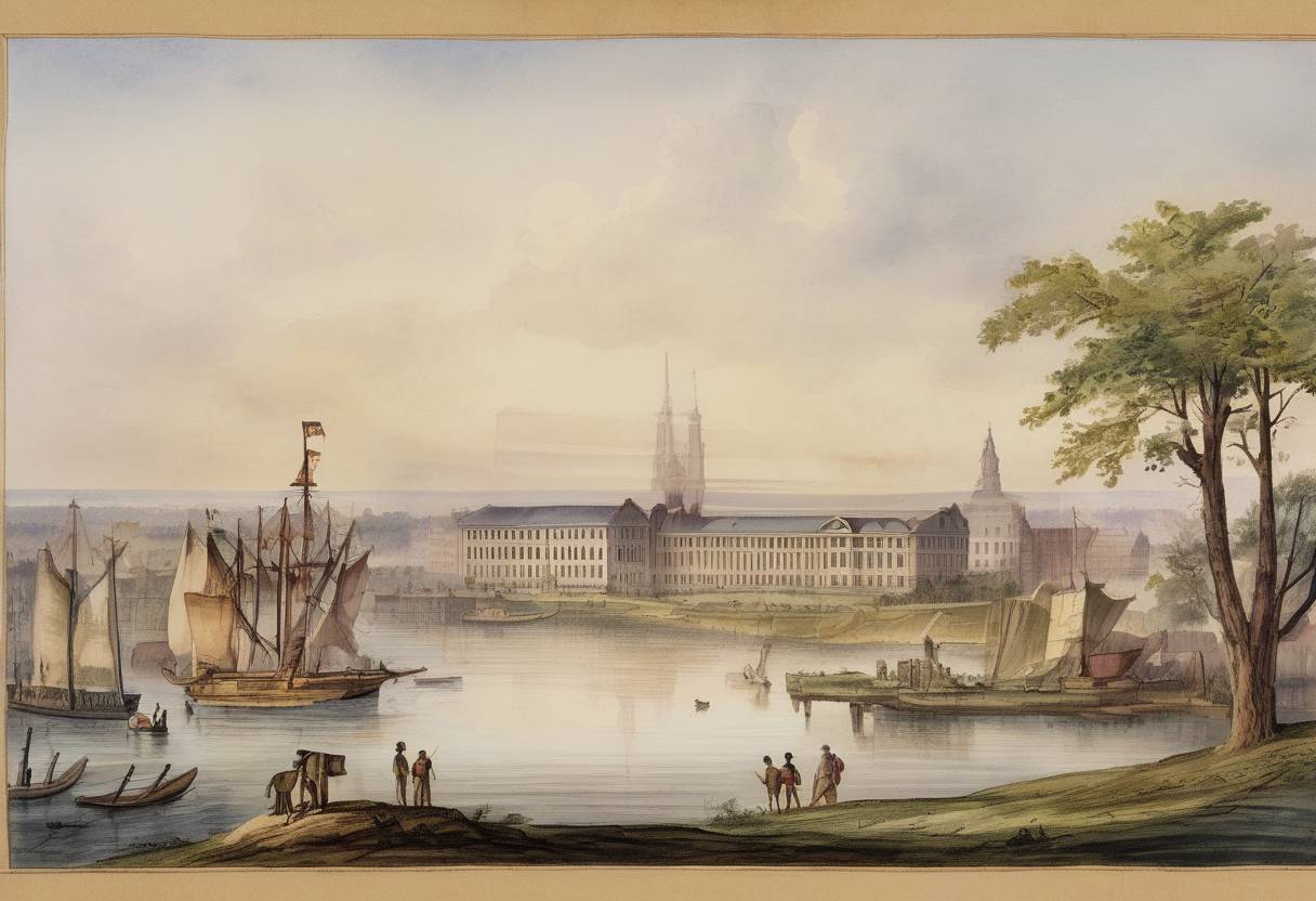Watercolor painting based depiction of Cleveland, Ohio, was founded by General Moses Cleaveland. (1796)