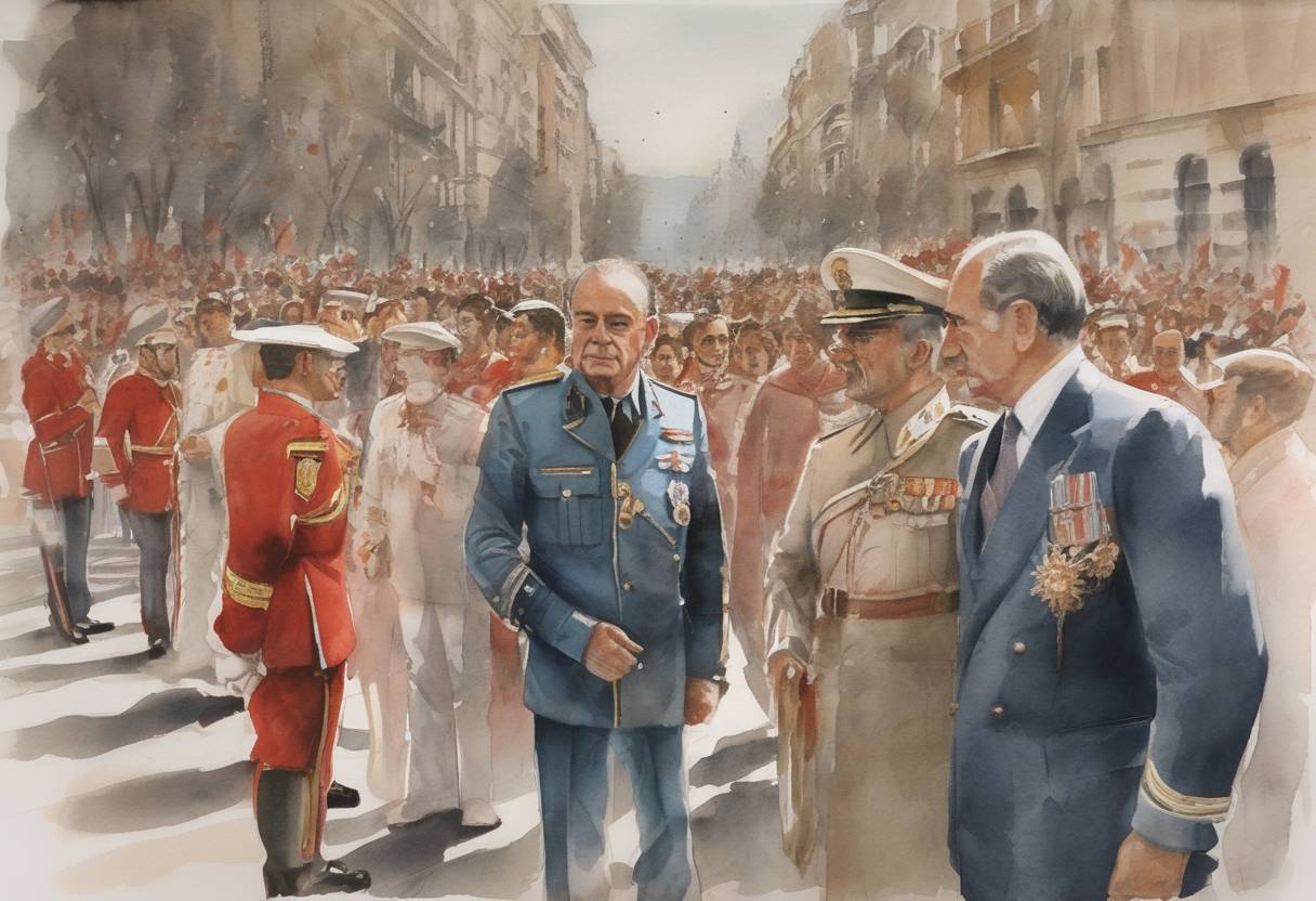 Watercolor painting based depiction of Juan Carlos I was declared King of Spain following the death of dictator Francisco Franco, marking the beginning of Spain's transition to democracy. (1975)