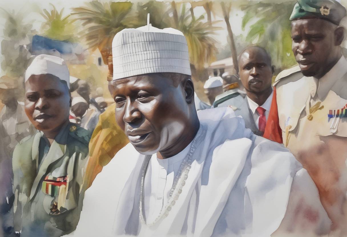 Watercolor painting based depiction of Gambia's President Yahya Jammeh declares a state of emergency after refusing to step down following his defeat in the December 2016 election. (2017)