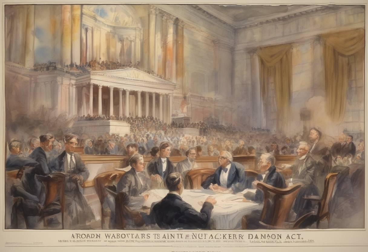 Watercolor painting based depiction of The United States Congress passed the Emergency Quota Act, establishing national immigration quotas. (1921)