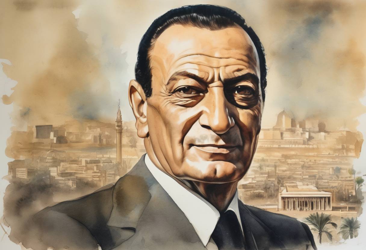 Watercolor painting based depiction of Hosni Mubarak was elected President of Egypt, following the assassination of Anwar Sadat. (1981)